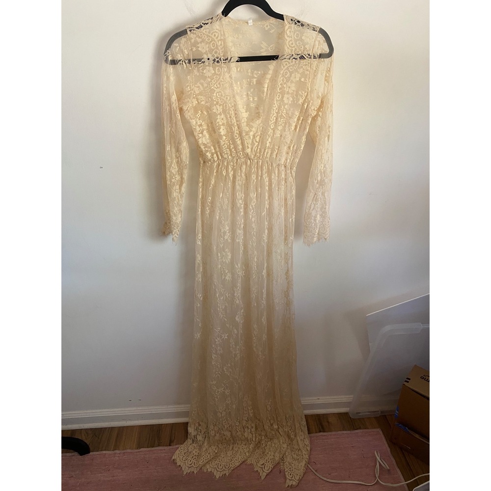 Cream Floral Lace Sheer Maxi Dress Long Sleeve V-Neck L